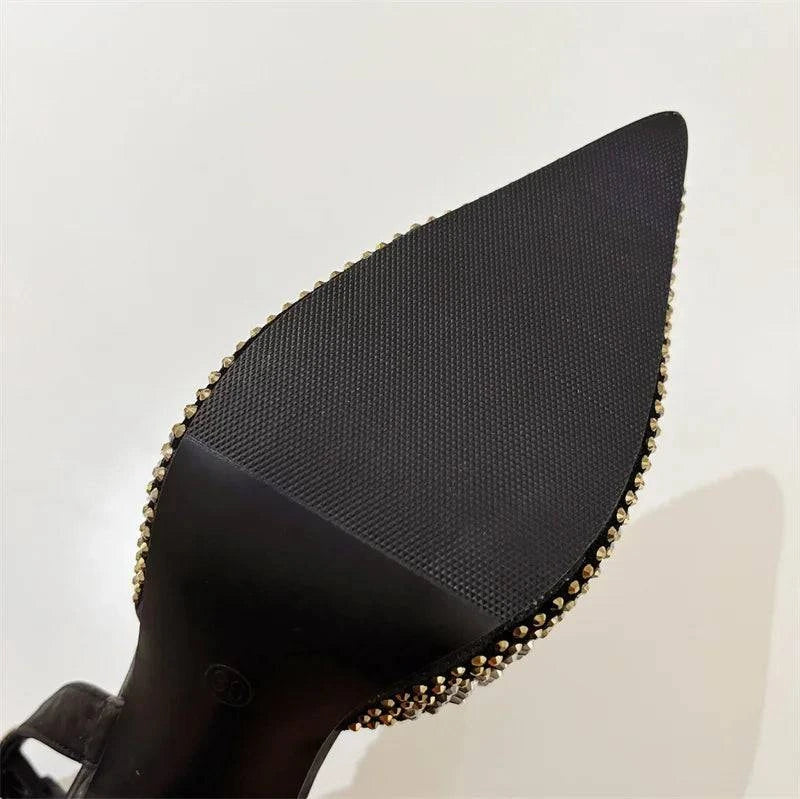 VougeVamp Black Crystal Rhinestone Slingback Pumps - Pointed Toe High Heel Party Shoes for Women