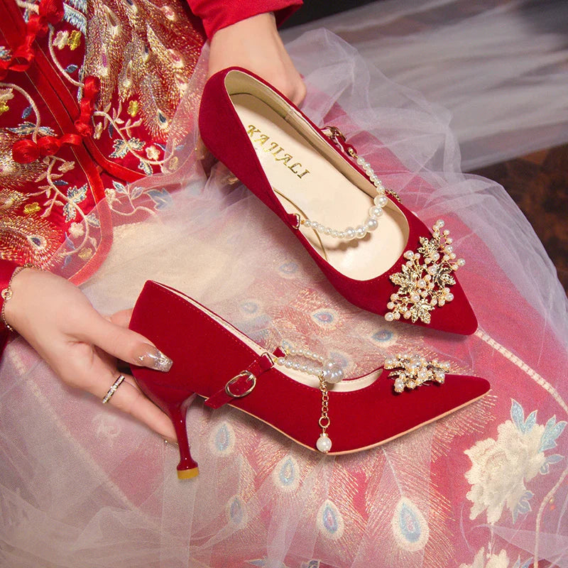 Women's Suede Pointed Toe High Heels – Elegant Embroidered Bridal & Banquet Pumps with Metal Detail