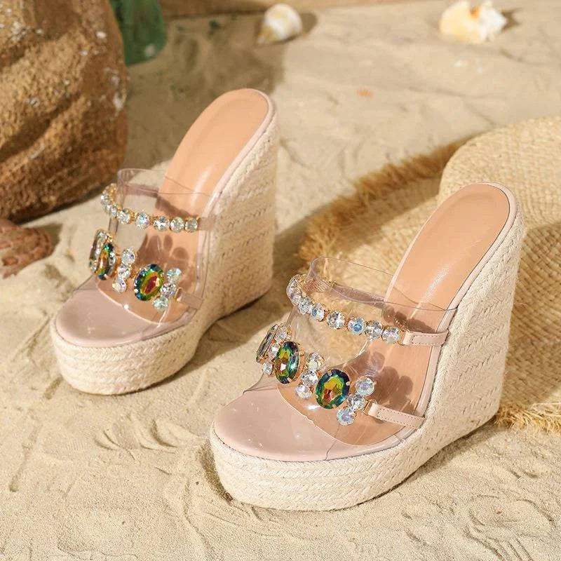 VougeVamp Transparent PVC Wedge Slippers - Crystal Chain Open Toe Platform High Heel Sandals for Women