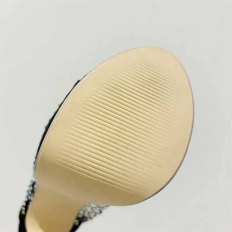 VougeVamp Crystal Mesh Platform Slippers - Peep Toe High Heel Party Shoes for Women in Black