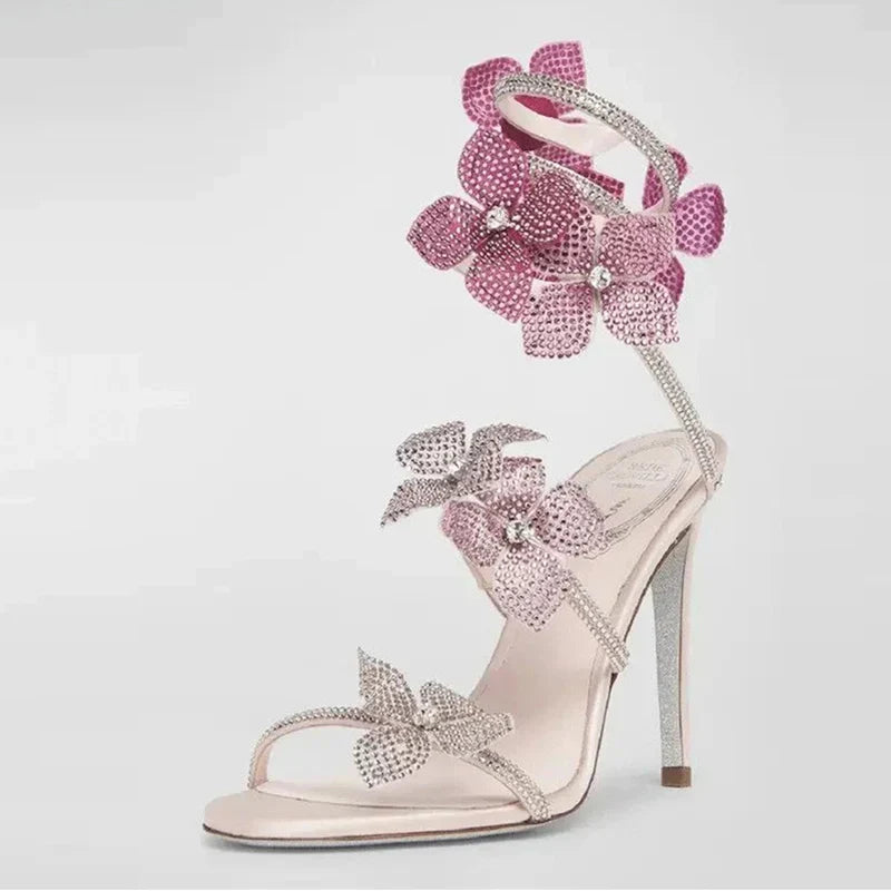 VougeVamp Crystal Flower Ankle Strap Sandals – Elegant Open-Toe Stiletto High Heels for Parties & Banquets