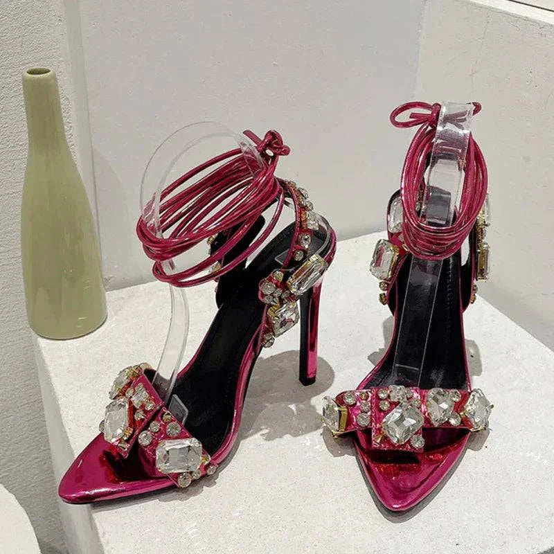 VougeVamp Green Crystal Cross-Strap Sandals - Pointed Toe High Heel Wedding Shoes for Women