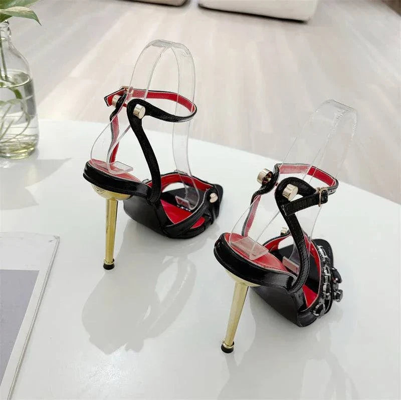 VougeVamp Gem Rivet Narrow Band Sandals - Pointed Toe High Heel Party Shoes for Women