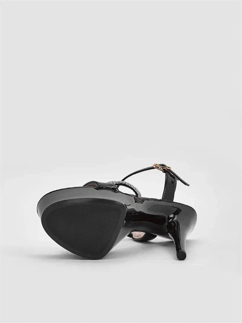 VougeVamp Women’s Glitter Rhinestone Platform Sandals – Sexy Open-Toe 15CM Ultra High Heels for Weddings and Banquets