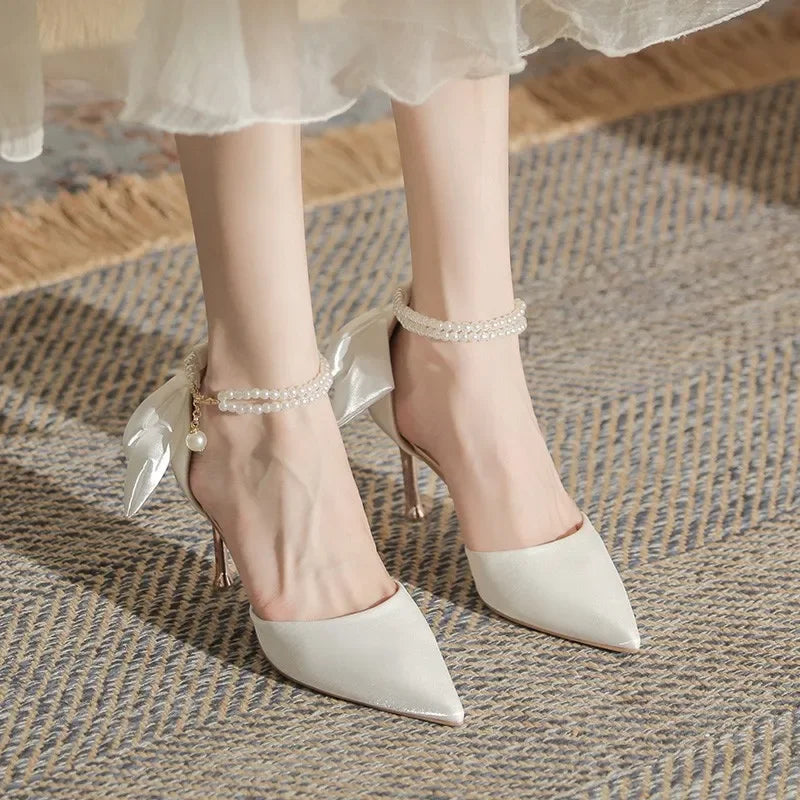 VougeVamp Pearl Butterfly High Heels – Elegant Pointed Toe Hollow Sandals for Weddings & Special Occasions