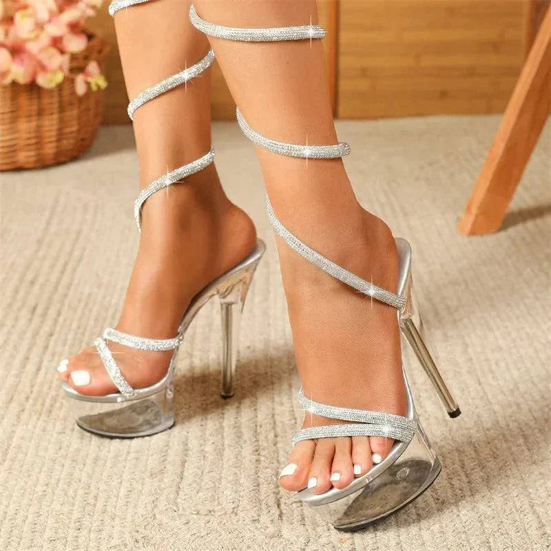 VougeVamp Rhinestone Snake Twine Platform Sandals - Transparent High Heel Wedding Shoes for Women