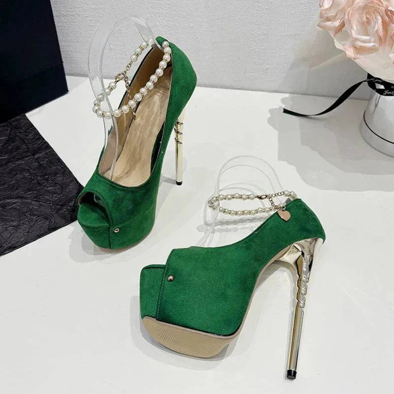 VougeVamp Green String Bead Platform Pumps - Peep Toe High Heel Wedding Shoes for Women
