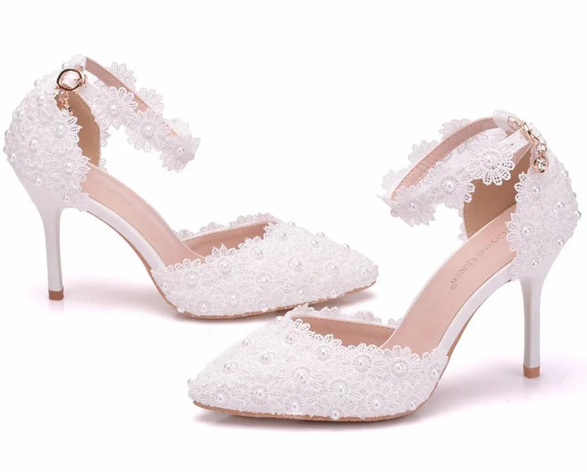 VougeVamp Women's Rhinestone Lace Wedding Heels – Elegant White Bridal Ankle Strap Pumps