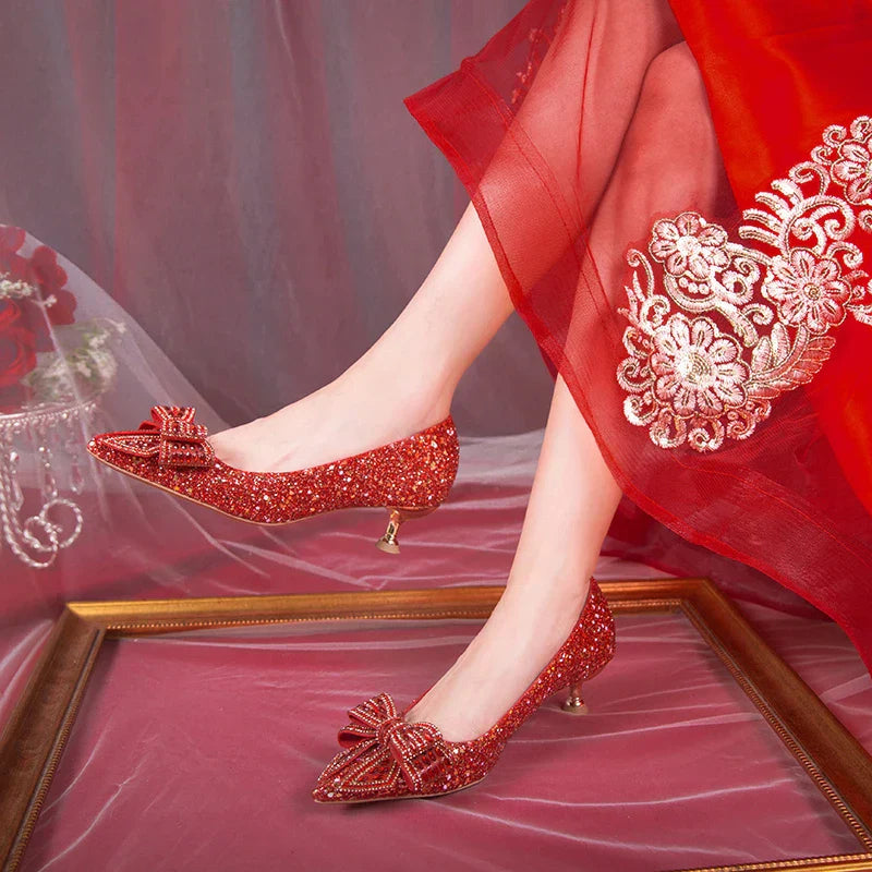 VougeVamp Handmade Crystal Bow Bridal Pumps – Glitter High Heels for Weddings & Parties