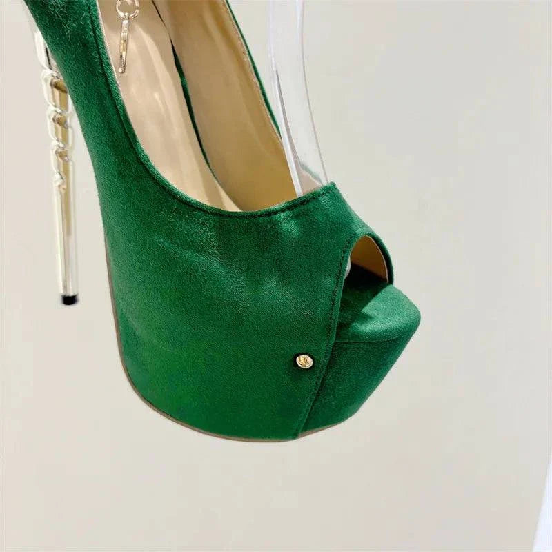 VougeVamp Green String Bead Platform Pumps - Peep Toe High Heel Wedding Shoes for Women
