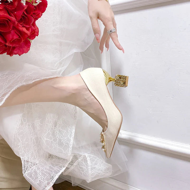 Women's High Heels Pointed Toe with Shaped Heel and Square Buckle, 5cm-7cm Wedding and Banquet Shoes