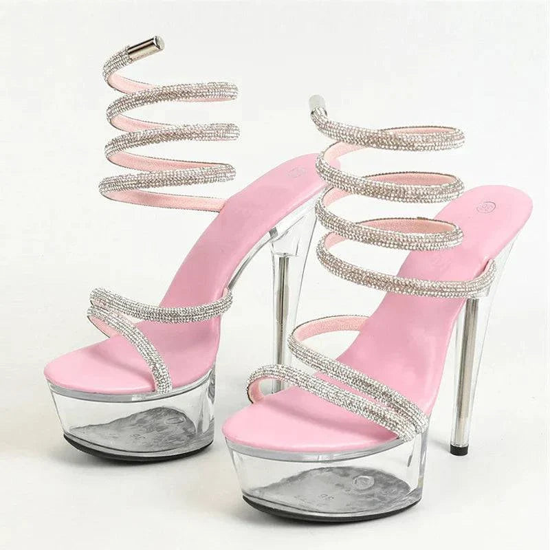 VougeVamp Rhinestone Snake Twine Platform Sandals - Transparent High Heel Wedding Shoes for Women