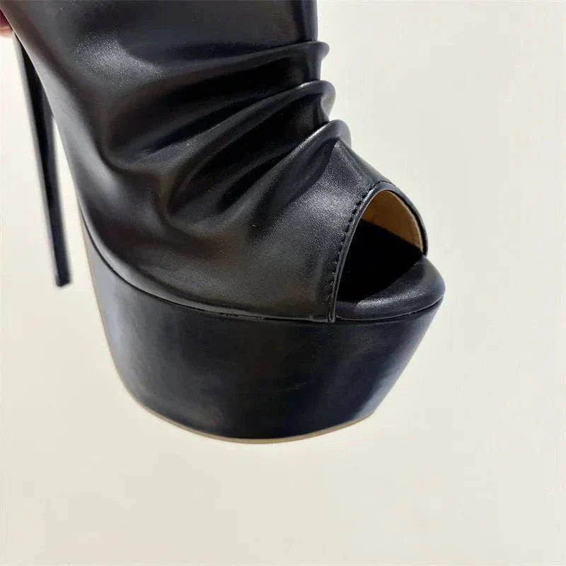 VougeVamp Black Pleated Platform Sandals - Peep Toe High Heel Party Shoes for Women