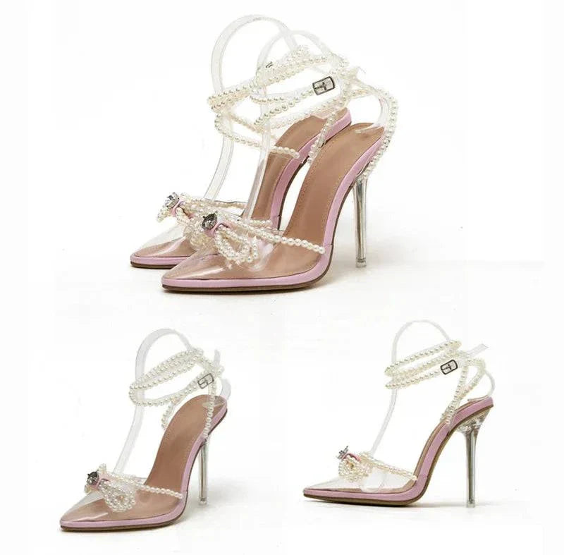 VougeVamp White String Bead Transparent Sandals - Pointed Toe High Heel Party Shoes for Women