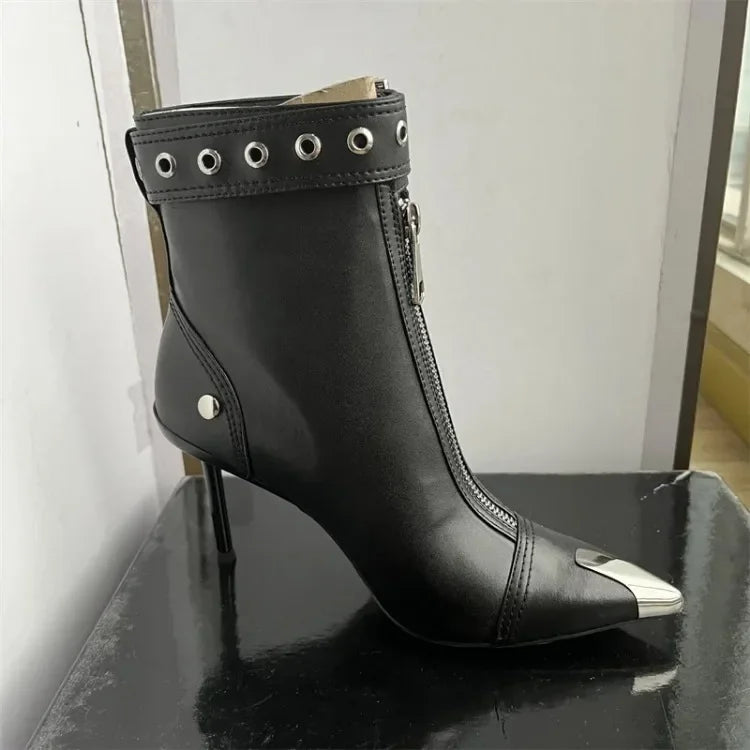 Handmade Women's Red High-Heeled Ankle Boots with Belt Buckle, Front Zipper, Pointed Toe, and Metallic Accent - VougeVampUK