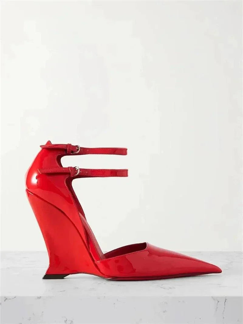 VougeVamp Red Patent Leather Wedge Pumps - Pointed Toe Double Buckle Party Shoes for Women