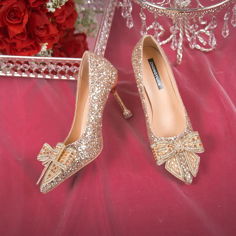 VougeVamp Handmade Crystal Bow Bridal Pumps – Glitter High Heels for Weddings & Parties