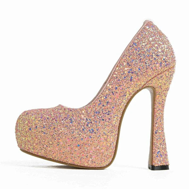 VougeVamp Sequined Cloth Platform Pumps - Round Toe High Heel Party Shoes for Women