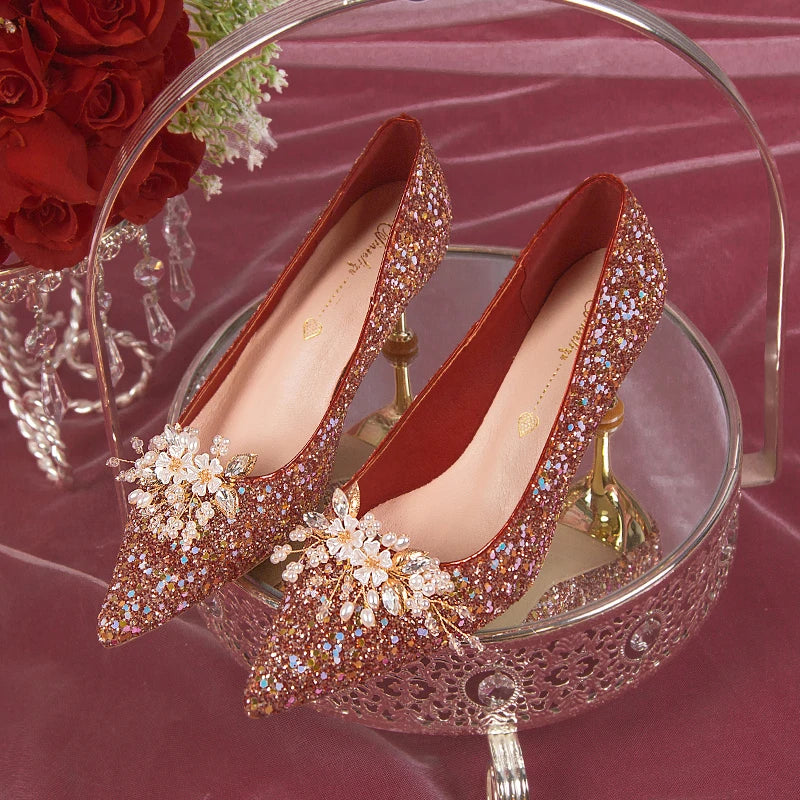 VougeVamp Pearl Flower Bridal Pumps – Elegant Bling High Heels for Weddings & Parties