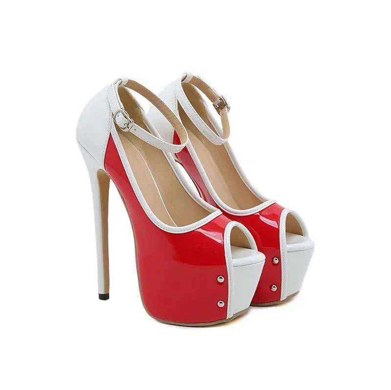 VougeVamp Women’s Red Peep-Toe Platform Pumps – Ultra High 16CM Heels for Parties, Weddings, and Pole Dancing