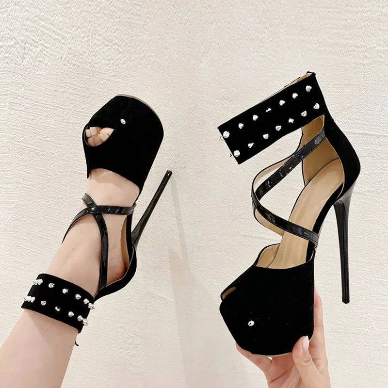 VougeVamp Women’s Metal Rivet Ankle Zip Platform Pumps – Sexy Peep-Toe High Heels for Parties and Pole Dancing