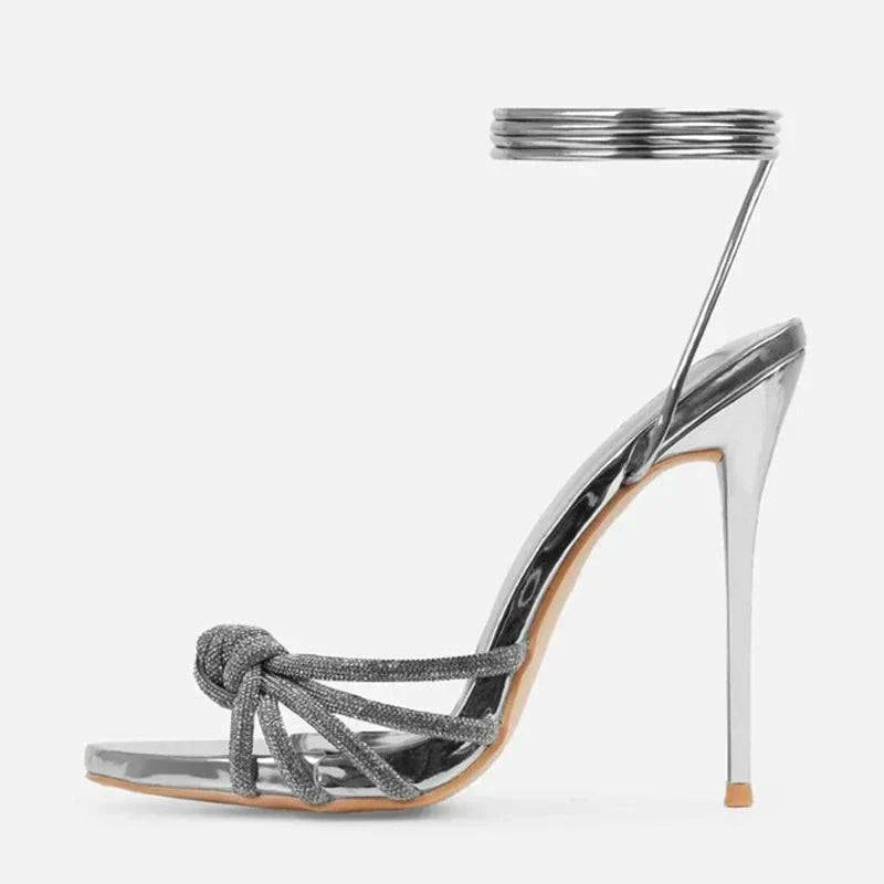VougeVamp Silver Crystal Narrow Band Sandals - Open Toe High Heel Party Shoes for Women