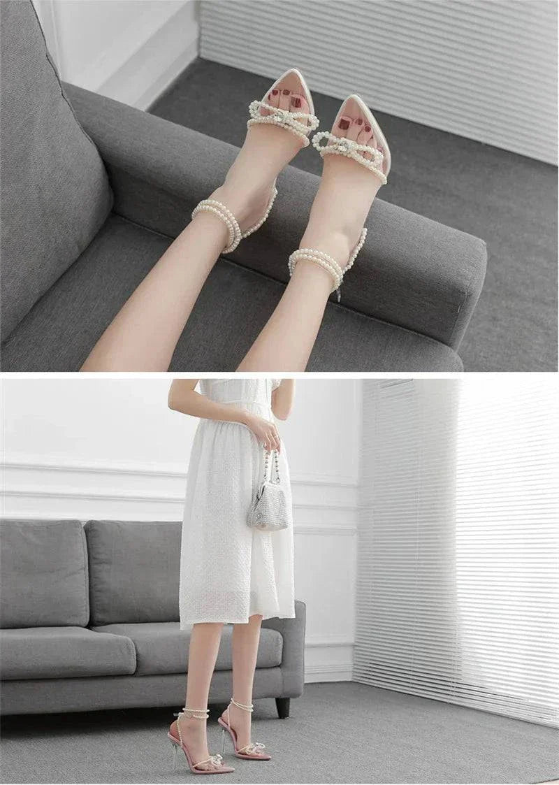 VougeVamp White String Bead Transparent Sandals - Pointed Toe High Heel Party Shoes for Women