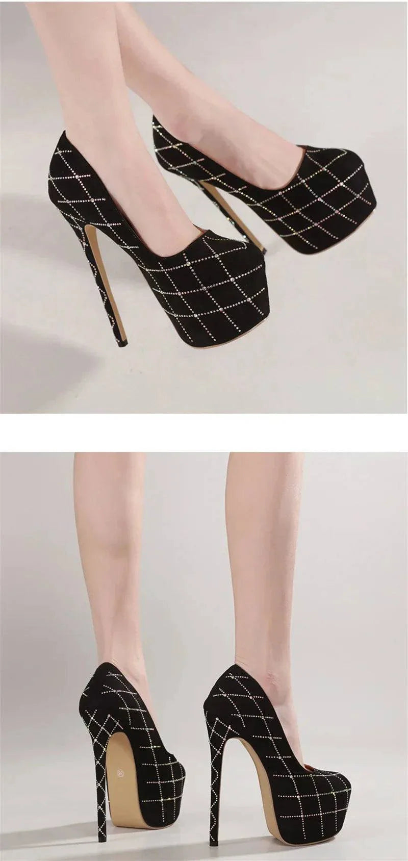 VougeVamp Women’s Catwalk Super High Heels – Crystal Rhinestone Platform Pumps for Parties and Banquets