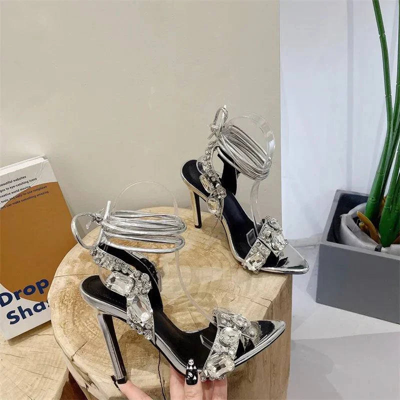 VougeVamp Green Crystal Cross-Strap Sandals - Pointed Toe High Heel Wedding Shoes for Women
