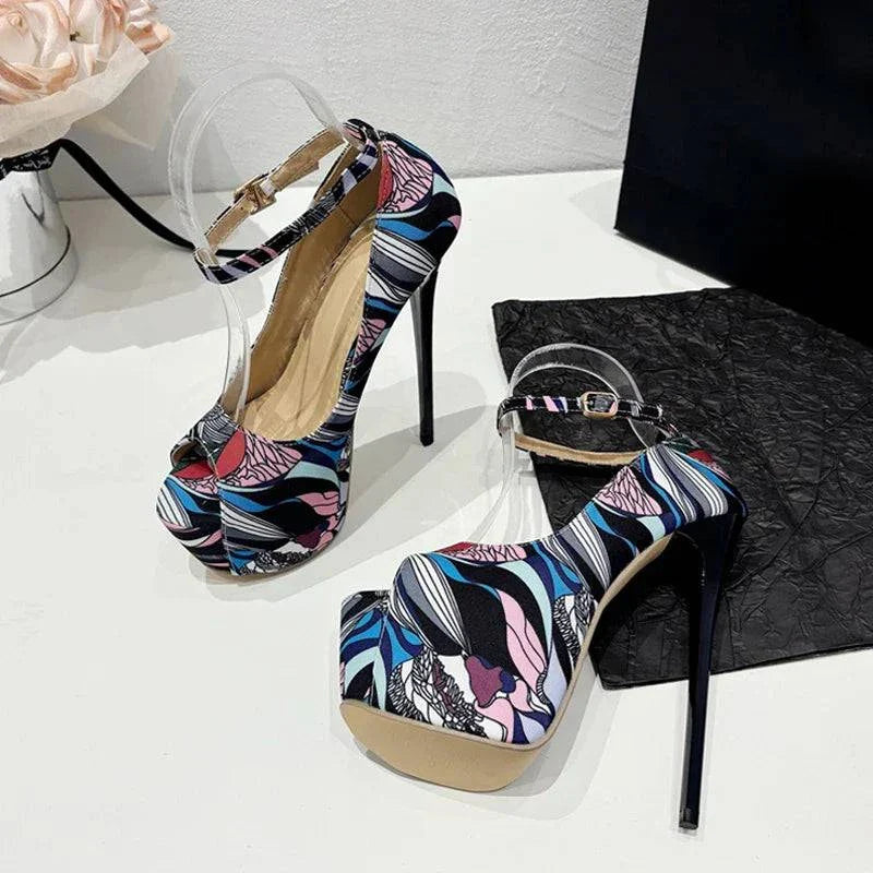 VougeVamp Hand-Painted Platform Pumps - Peep Toe High Heel Party Shoes for Women