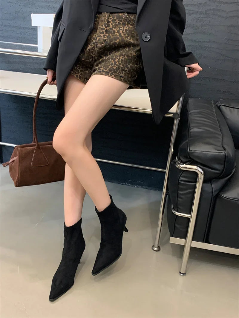 Handmade Leopard Print Pointed Toe Women’s Ankle Boots with Zipper and Thin High Heels - VougeVampUK