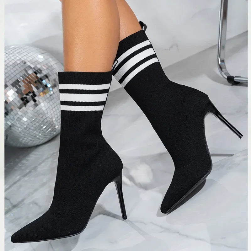 Handmade Street Style Pointed Toe Women’s Ankle Boots, Stretch Fabric Socks, Sexy Thin High Heels for Party & Prom - VougeVampUK