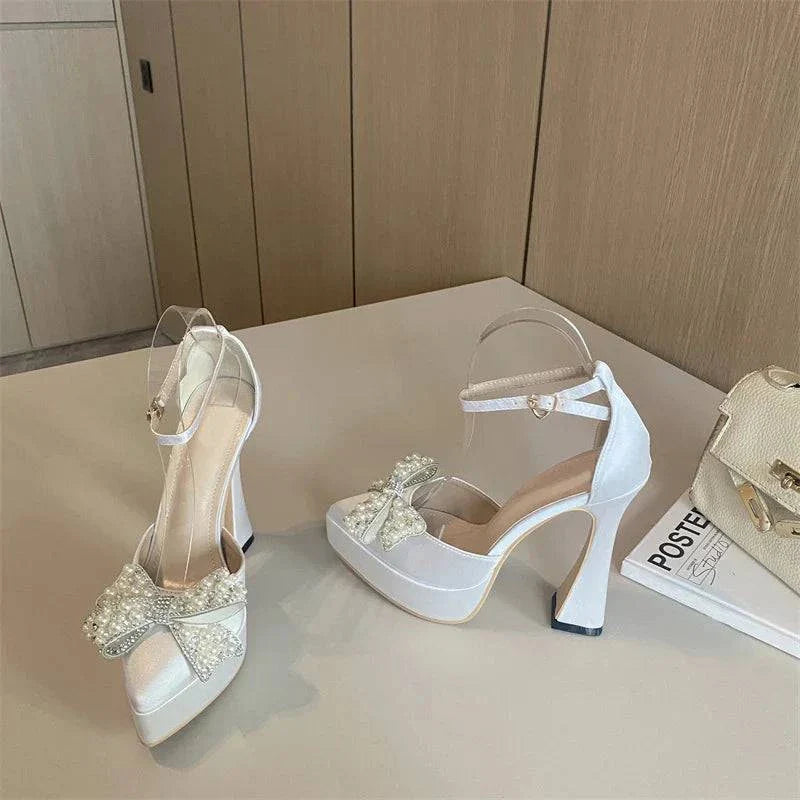 VougeVamp White Pearl Bowknot Platform Pumps - Pointed Toe High Heel Party Shoes for Women