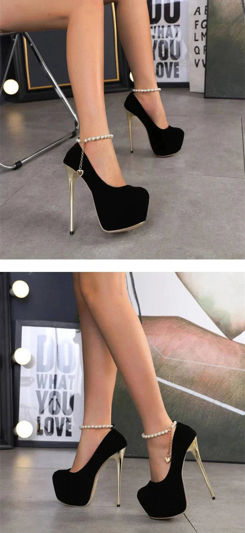 VougeVamp Black String Bead Platform Pumps - 16CM High Heel Ankle Strap Party Shoes for Women