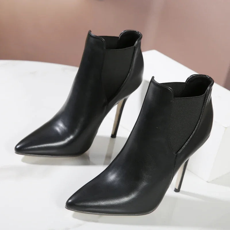 Handmade Punk-Inspired Pointed Toe Women’s Ankle Boots with Elastic Band and Stiletto High Heels
