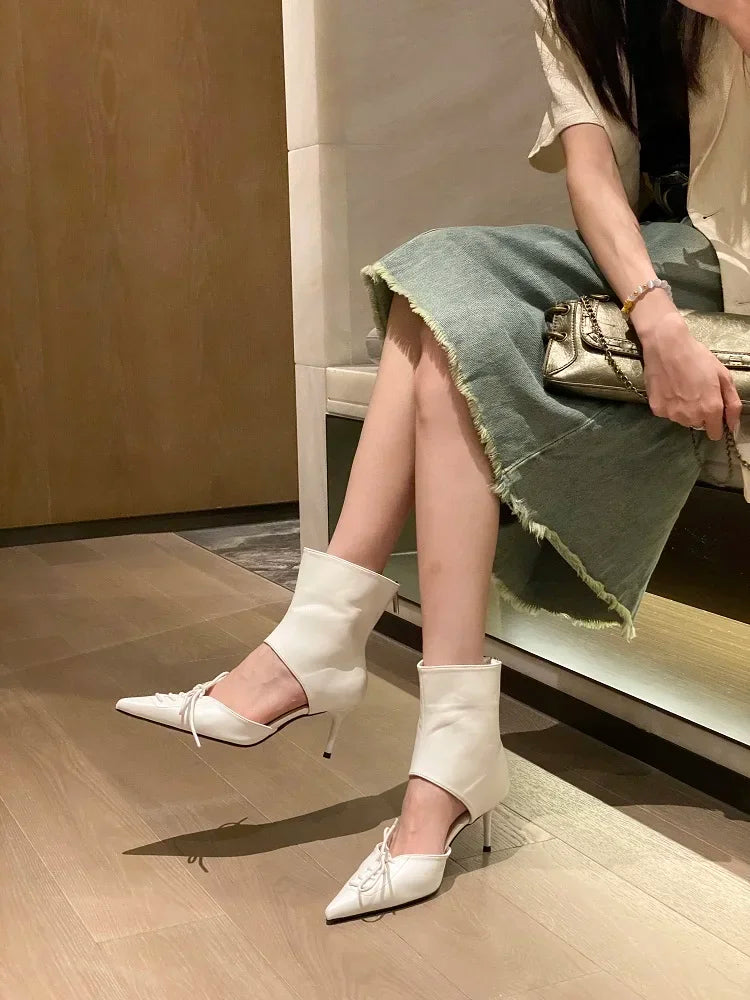 VougeVamp Women's Butterfly Knot Ankle Boots – Pointed Toe Thin Heel Boots with Zipper Closure