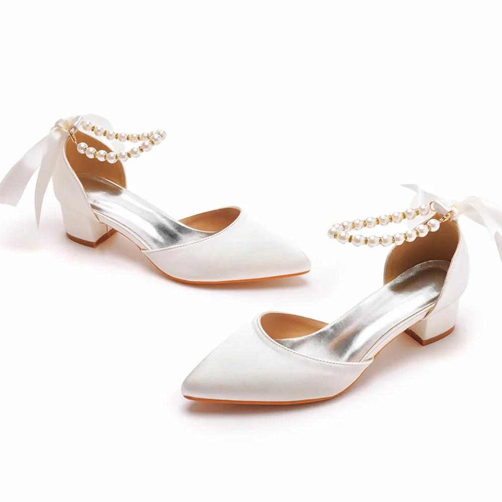 VougeVamp Handmade Silk Beaded Bridal Pumps – Pointed Toe Buckle Strap Sandals with Thick High Heels