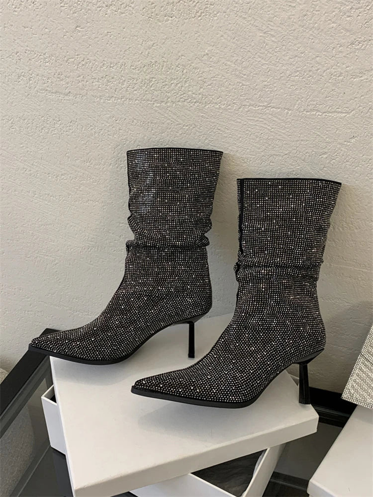 Handmade Rhinestone-Embellished Pointed Toe Ankle Boots for Women - Sexy Thin High Heels Booties - VougeVampUK