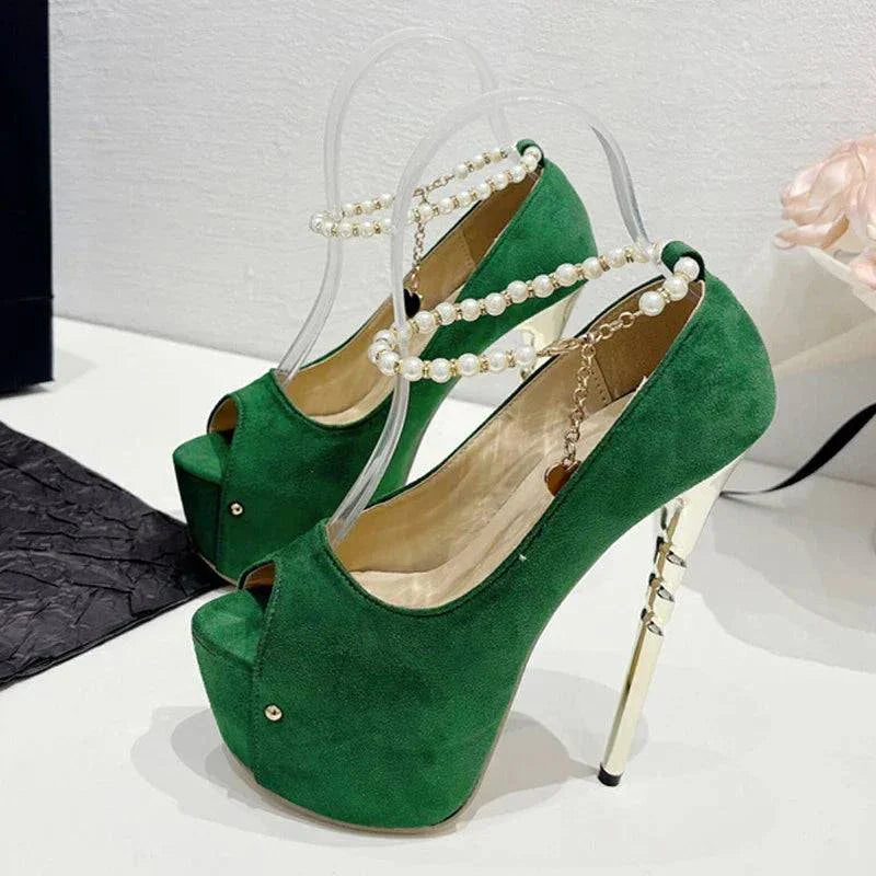 VougeVamp Green String Bead Platform Pumps - Peep Toe High Heel Wedding Shoes for Women