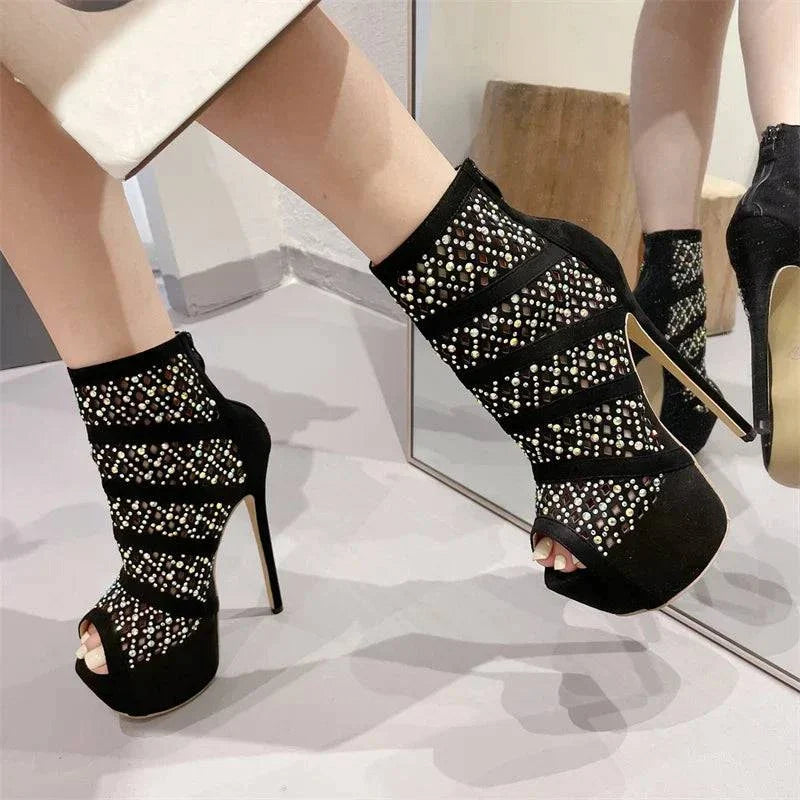 VougeVamp Rhinestone Mesh Ankle Boots - Peep Toe Platform High Heel Booties for Women