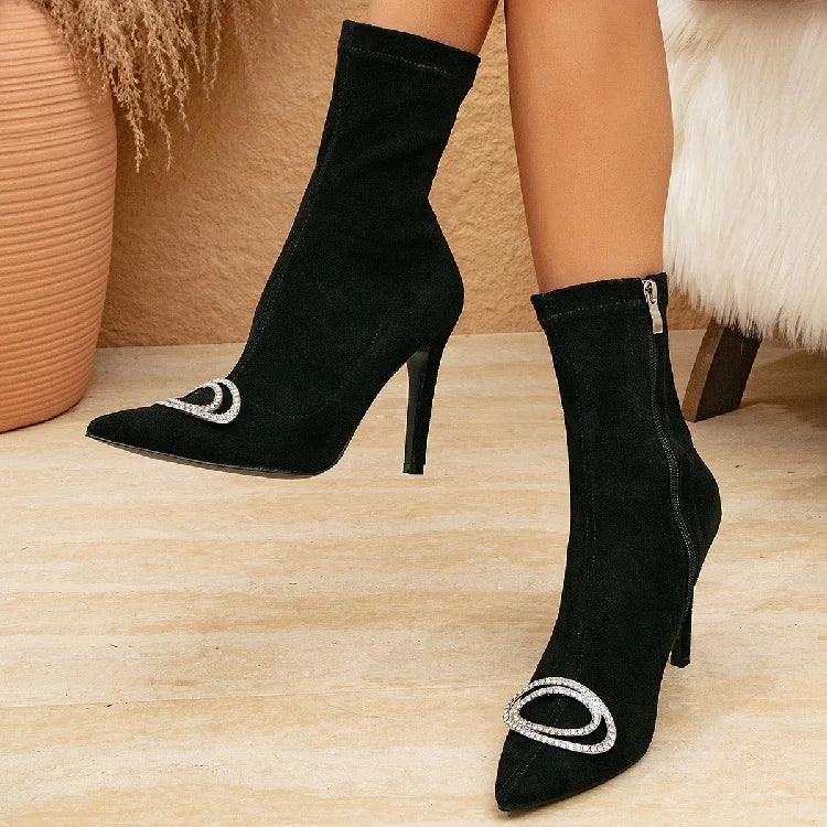Handmade Crystal-Embellished Ankle Boots for Women – Thin High Heels with Pointed Toe and Side Zipper