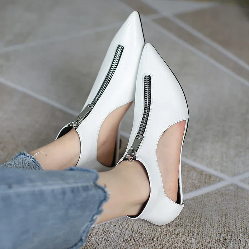 VougeVamp Trendy Leather High Heel Boots – Stylish Zipper Ankle Boots for Spring & Summer Fashion - VougeVampUK