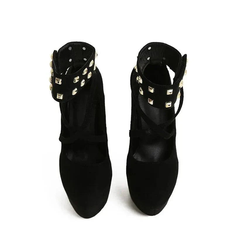 VougeVamp Women’s Metal Rivet Ankle Hook Strap Platform Pumps – Solid Black Round Toe High Heels