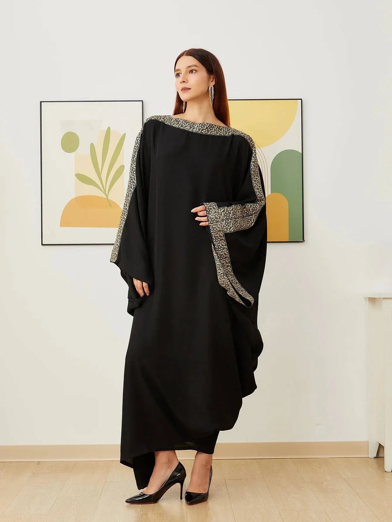VougeVamp Ultra Black Nida Abaya Muslim Party Dress - Women’s Long Loose Kaftan Dubai Islamic Robe - VougeVampUK