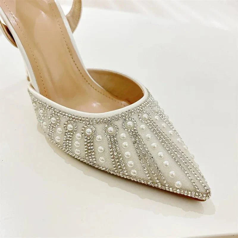 VougeVamp Women’s Crystal Pearl Pointed Toe Pumps – Elegant Slingback Heels for Weddings and Parties