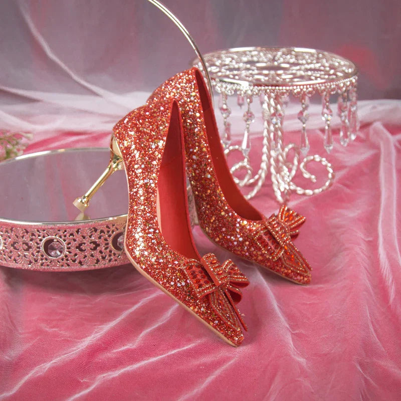 VougeVamp Handmade Crystal Bow Bridal Pumps – Glitter High Heels for Weddings & Parties