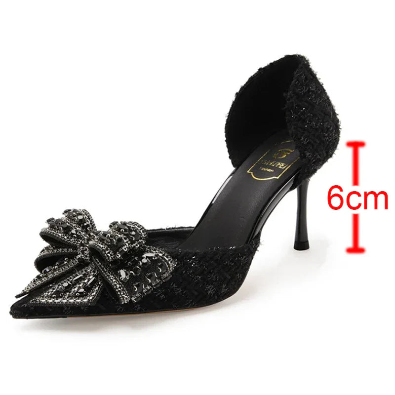 VougeVamp Bling Crystal Bow Thin Heel Pumps – Elegant D'Orsay Bridal & Party Shoes