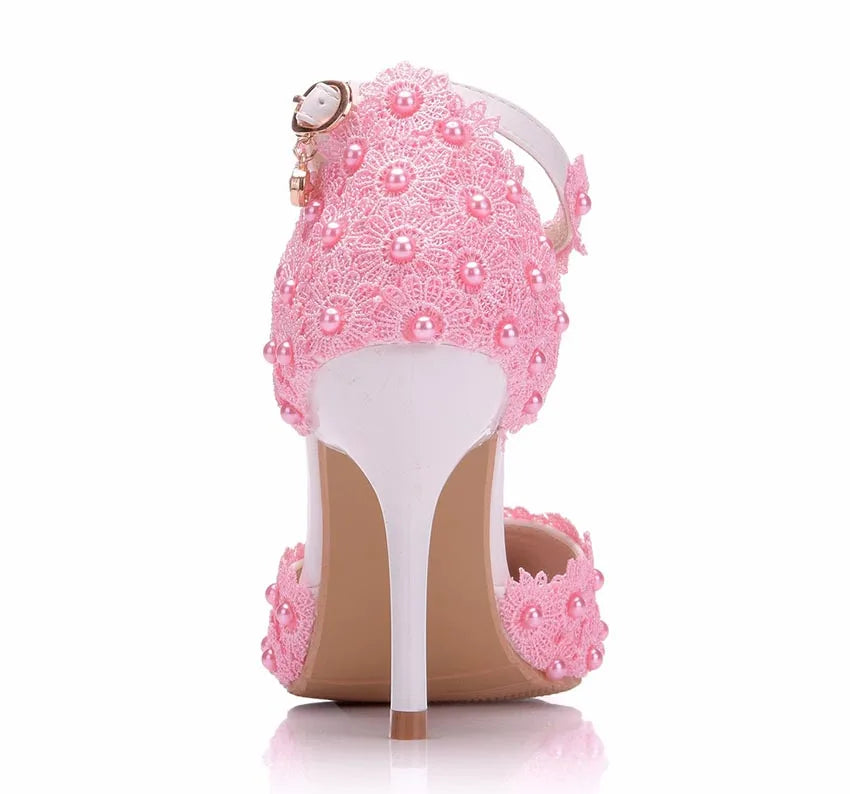 VougeVamp Women's Rhinestone Lace Wedding Heels – Elegant White Bridal Ankle Strap Pumps