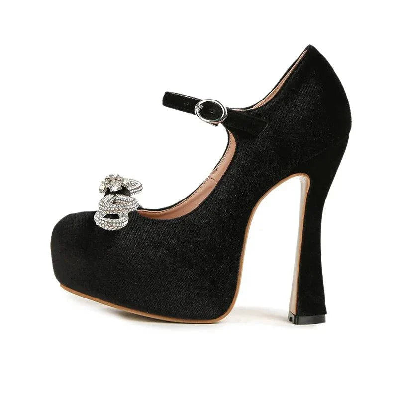 VougeVamp Rhinestone Crystal Bowknot Platform Pumps - Round Toe 13CM High Heel Wedding Shoes for Women
