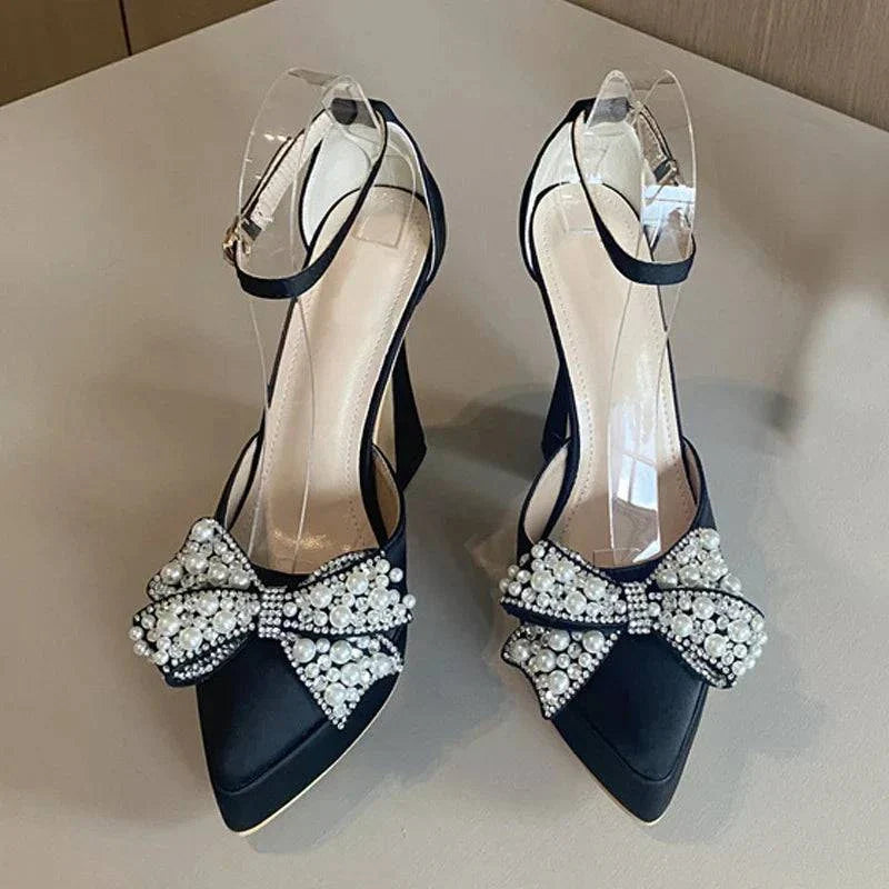 VougeVamp White Pearl Bowknot Platform Pumps - Pointed Toe High Heel Party Shoes for Women